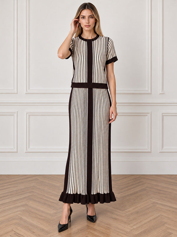 Striped Knit Two Piece Set Viscose Crop Top & Maxi Skirt Suit