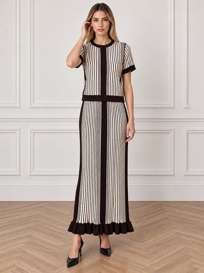 Striped Knit Two Piece Set Viscose Crop Top & Maxi Skirt Suit