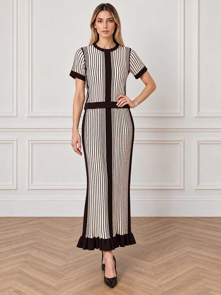 Striped Knit Two Piece Set Viscose Crop Top & Maxi Skirt Suit