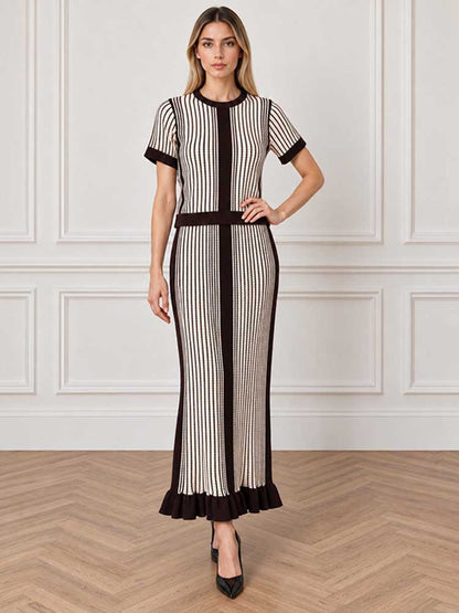 Striped Knit Two Piece Set Viscose Crop Top & Maxi Skirt Suit