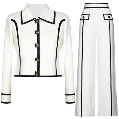 Tailored Button-Up Contrast-trim Cardigan Pants Suit With Collar