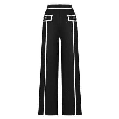 Tailored Button-Up Contrast-trim Cardigan Pants Suit With Collar