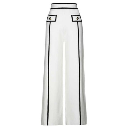 Tailored Button-Up Contrast-trim Cardigan Pants Suit With Collar