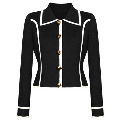 Tailored Button-Up Contrast-trim Cardigan Pants Suit With Collar