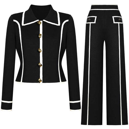 Tailored Button-Up Contrast-trim Cardigan Pants Suit With Collar