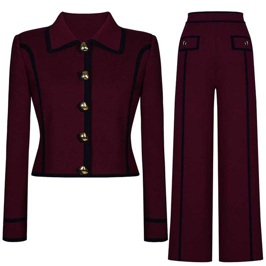 Tailored Button-Up Contrast-trim Cardigan Pants Suit With Collar