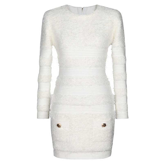 Long Sleeves Tailored Mini Dress in Textured Horsehair Fabric