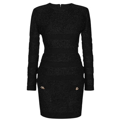 Long Sleeves Tailored Mini Dress in Textured Horsehair Fabric
