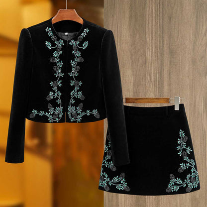 Tailored Velvet Coat+Skirt Set Dark Green Hand-Beaded Mini Skirt Suit