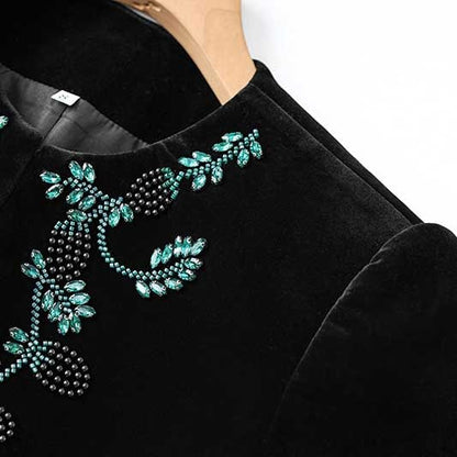 Tailored Velvet Coat+Skirt Set Dark Green Hand-Beaded Mini Skirt Suit