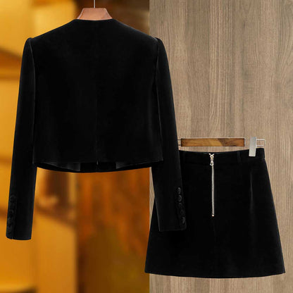 Tailored Velvet Coat+Skirt Set Dark Green Hand-Beaded Mini Skirt Suit