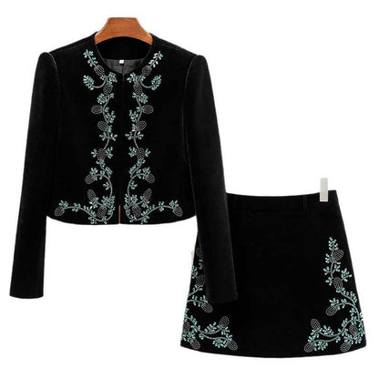 Tailored Velvet Coat+Skirt Set Dark Green Hand-Beaded Mini Skirt Suit