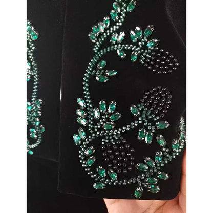 Tailored Velvet Coat+Skirt Set Dark Green Hand-Beaded Mini Skirt Suit