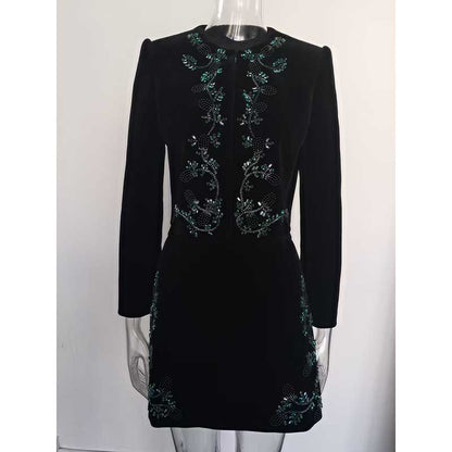 Tailored Velvet Coat+Skirt Set Dark Green Hand-Beaded Mini Skirt Suit