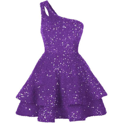 Teens One Shoulder Sequin Homecoming Dresses Short Sparkly Layered Cocktail Gowns