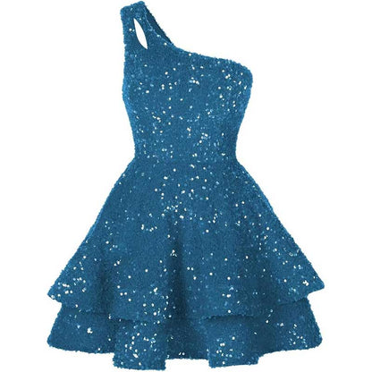 Teens One Shoulder Sequin Homecoming Dresses Short Sparkly Layered Cocktail Gowns
