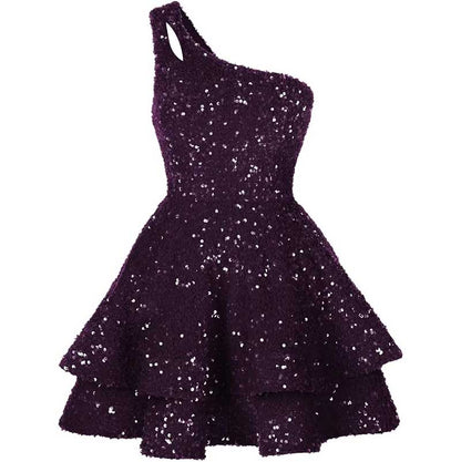 Teens One Shoulder Sequin Homecoming Dresses Short Sparkly Layered Cocktail Gowns