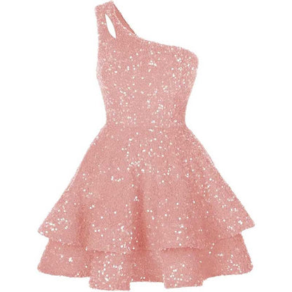 Teens One Shoulder Sequin Homecoming Dresses Short Sparkly Layered Cocktail Gowns