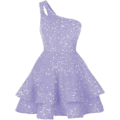 Teens One Shoulder Sequin Homecoming Dresses Short Sparkly Layered Cocktail Gowns