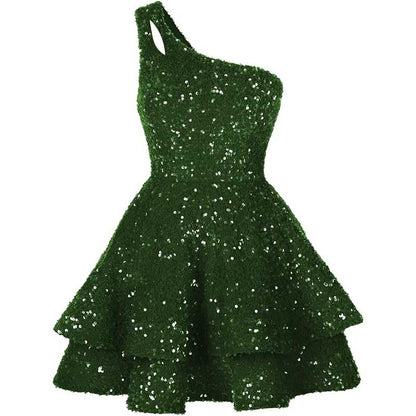 Teens One Shoulder Sequin Homecoming Dresses Short Sparkly Layered Cocktail Gowns