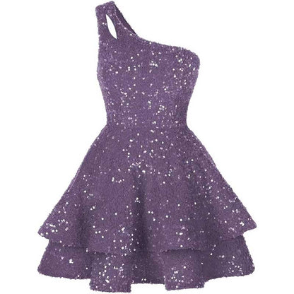 Teens One Shoulder Sequin Homecoming Dresses Short Sparkly Layered Cocktail Gowns
