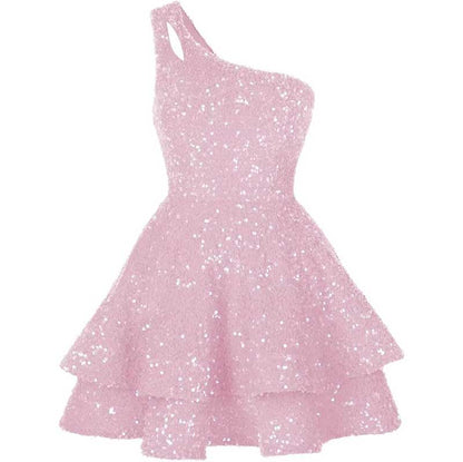 Teens One Shoulder Sequin Homecoming Dresses Short Sparkly Layered Cocktail Gowns