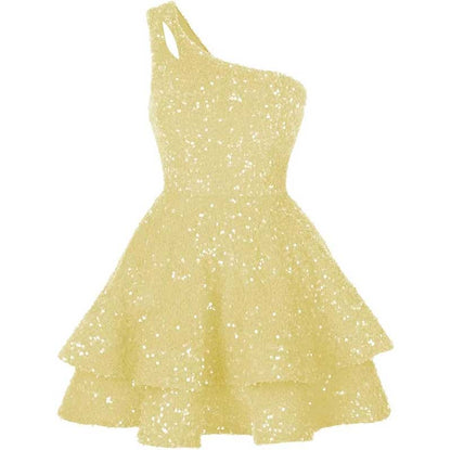 Teens One Shoulder Sequin Homecoming Dresses Short Sparkly Layered Cocktail Gowns