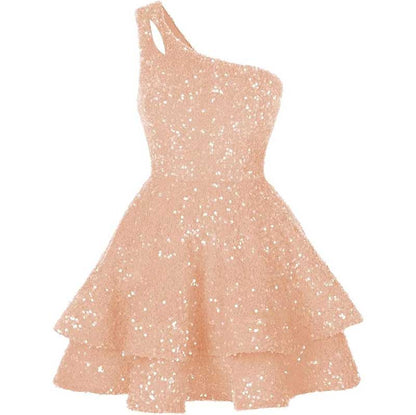Teens One Shoulder Sequin Homecoming Dresses Short Sparkly Layered Cocktail Gowns
