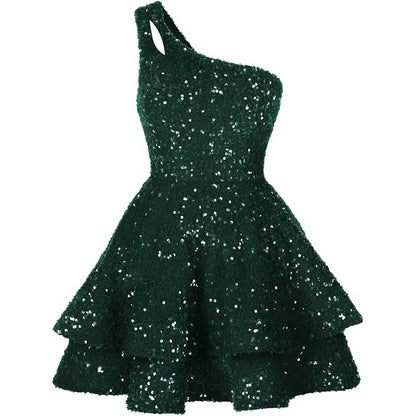 Teens One Shoulder Sequin Homecoming Dresses Short Sparkly Layered Cocktail Gowns