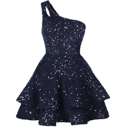 Teens One Shoulder Sequin Homecoming Dresses Short Sparkly Layered Cocktail Gowns