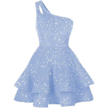 Teens One Shoulder Sequin Homecoming Dresses Short Sparkly Layered Cocktail Gowns