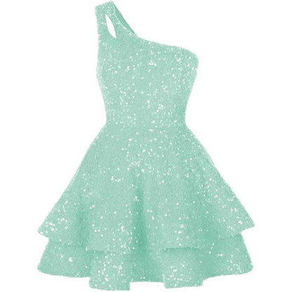 Teens One Shoulder Sequin Homecoming Dresses Short Sparkly Layered Cocktail Gowns