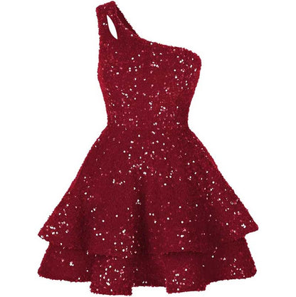 Teens One Shoulder Sequin Homecoming Dresses Short Sparkly Layered Cocktail Gowns