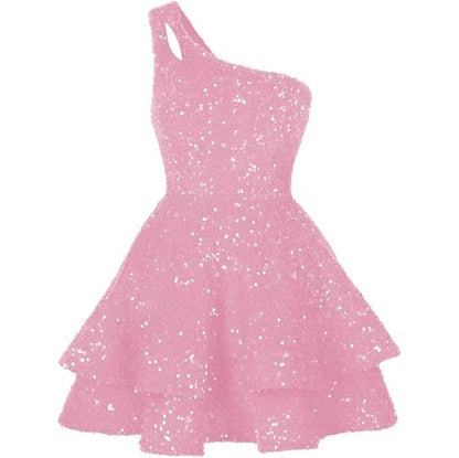 Teens One Shoulder Sequin Homecoming Dresses Short Sparkly Layered Cocktail Gowns
