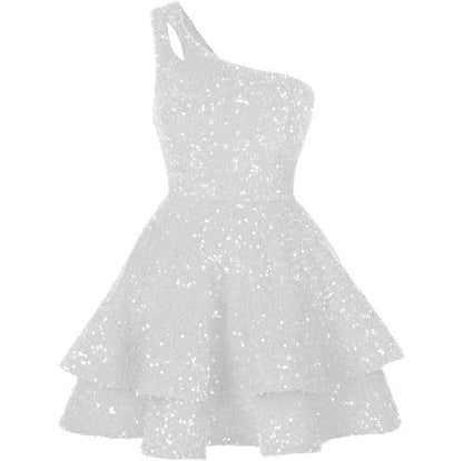 Teens One Shoulder Sequin Homecoming Dresses Short Sparkly Layered Cocktail Gowns