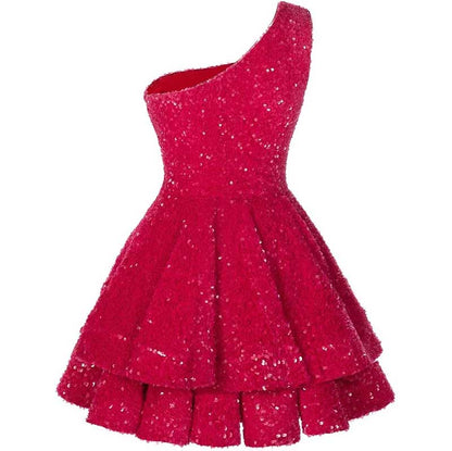 Teens One Shoulder Sequin Homecoming Dresses Short Sparkly Layered Cocktail Gowns
