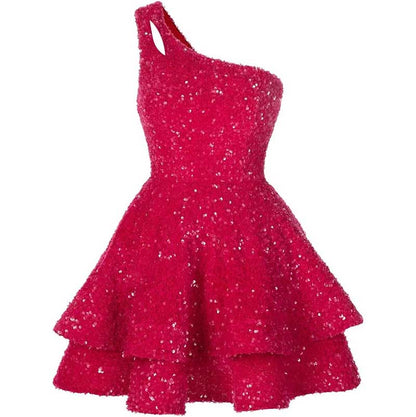 Teens One Shoulder Sequin Homecoming Dresses Short Sparkly Layered Cocktail Gowns