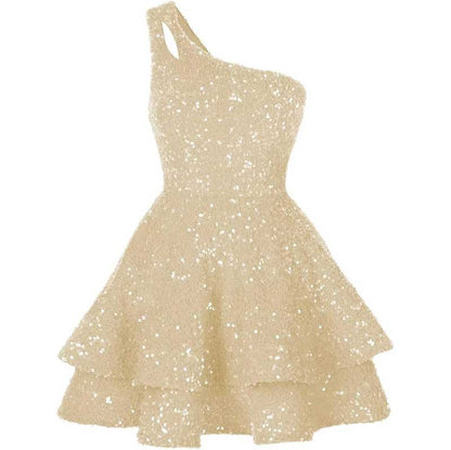 Teens One Shoulder Sequin Homecoming Dresses Short Sparkly Layered Cocktail Gowns