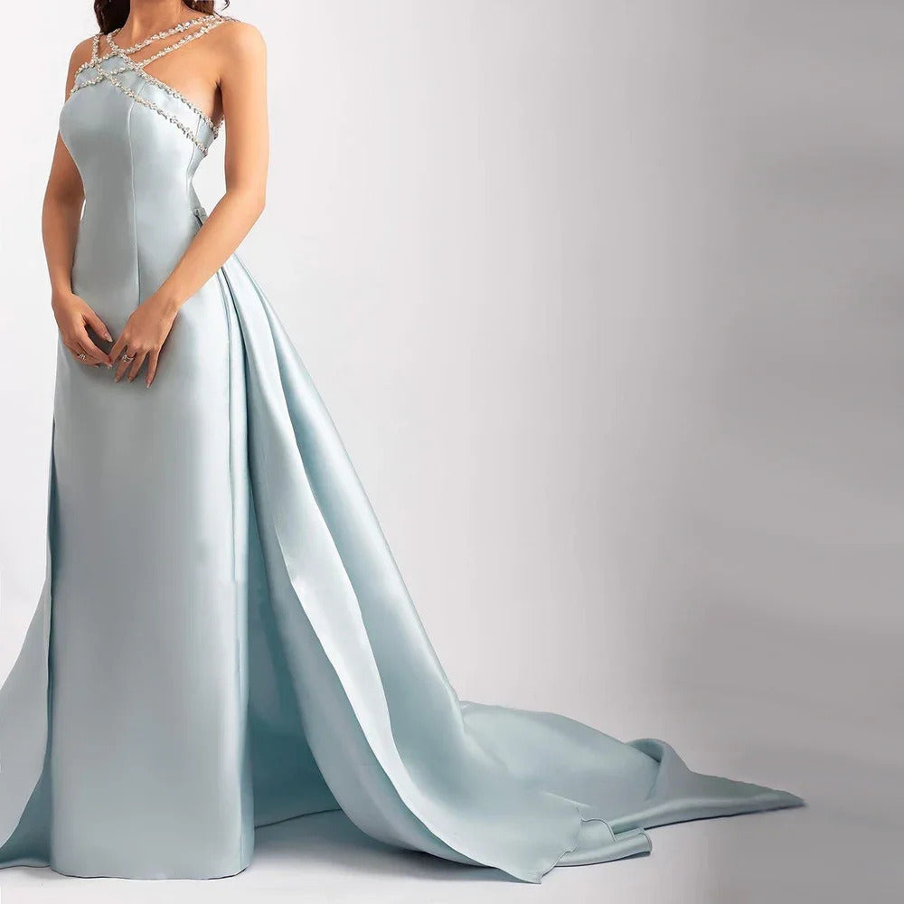 Elegant Light Blue Satin Gown with Rhinestone Embellished Cross Strap Neckline and Flowing Train