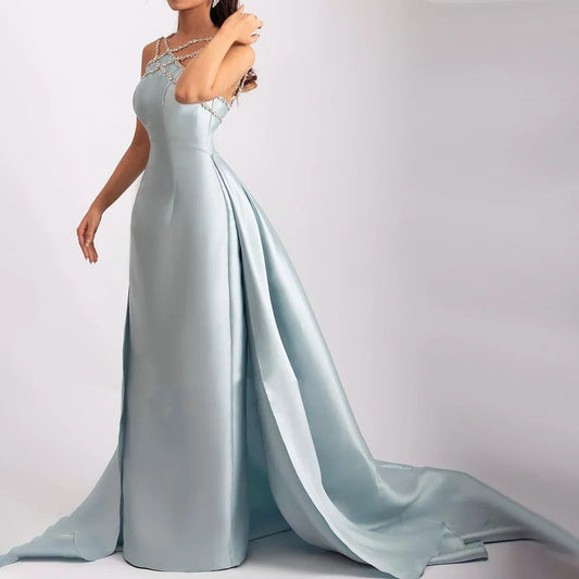 Elegant Light Blue Satin Gown with Rhinestone Embellished Cross Strap Neckline and Flowing Train