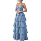 Tiered Satin Bridesmaid Dresses Spaghetti Strap A Line Prom Dresses