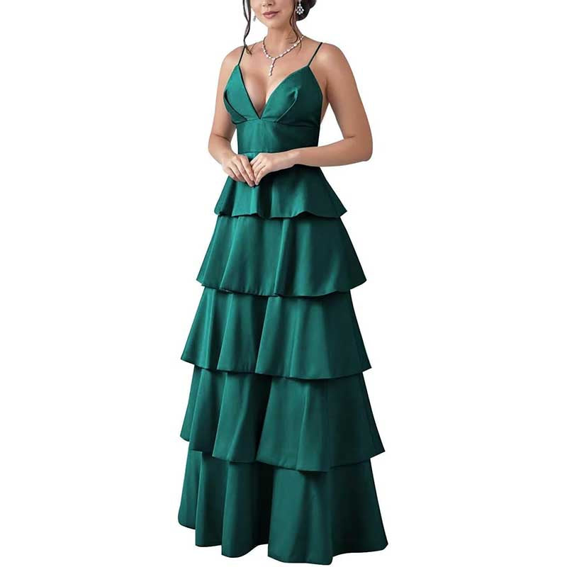 Tiered Satin Bridesmaid Dresses Spaghetti Strap A Line Prom Dresses