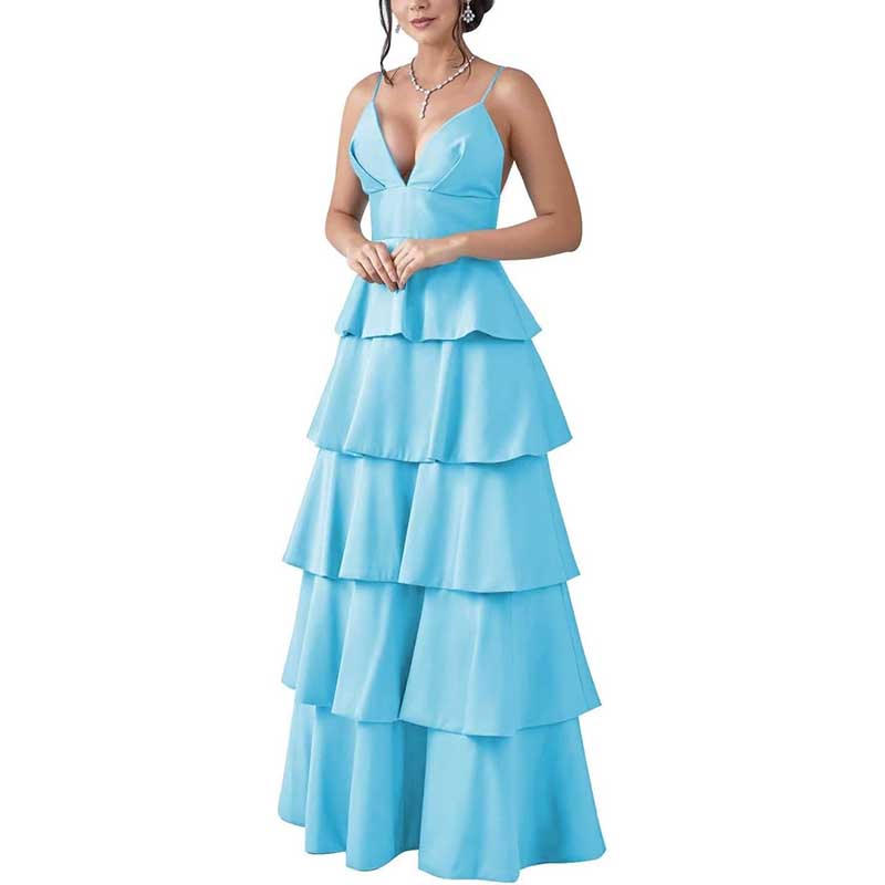 Tiered Satin Bridesmaid Dresses Spaghetti Strap A Line Prom Dresses