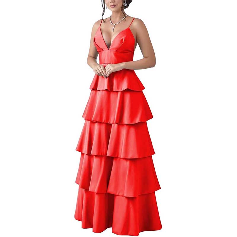 Tiered Satin Bridesmaid Dresses Spaghetti Strap A Line Prom Dresses