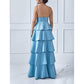 Tiered Satin Bridesmaid Dresses Spaghetti Strap A Line Prom Dresses