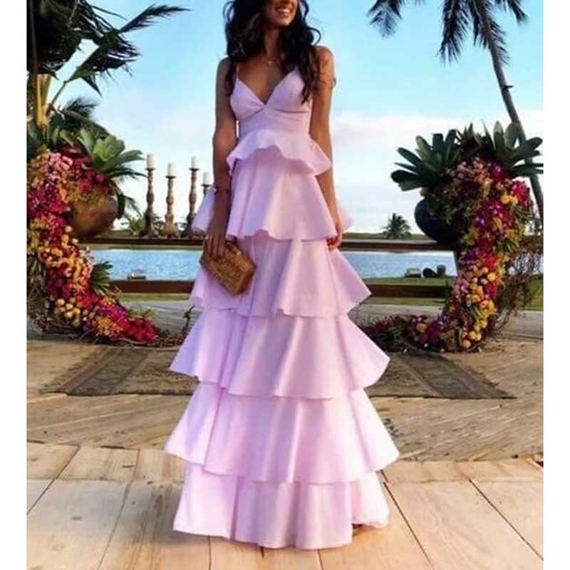 Tiered Satin Bridesmaid Dresses Spaghetti Strap A Line Prom Dresses