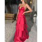 Tiered Satin Bridesmaid Dresses Spaghetti Strap A Line Prom Dresses