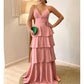 Tiered Satin Bridesmaid Dresses Spaghetti Strap A Line Prom Dresses