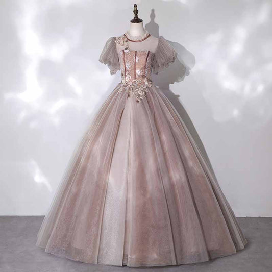 Tulle Appliques Puff Sleeve Backless Quinceanera Dress Ball Gowns