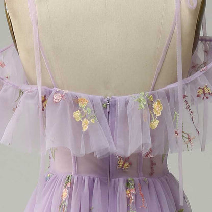 Tulle Flower Embroidered Prom Dress V-Neck Short Sleeve Evening Dress with Slit